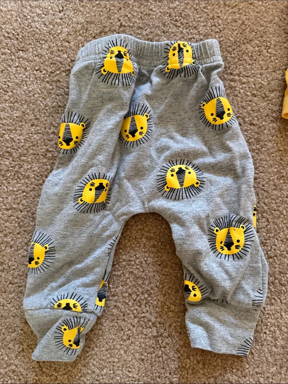 Yellow Lion Print Baby One-Piece with Gray Lion-Pattern Pants